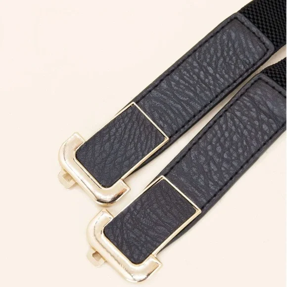 Black Leather Detail Gold Buckle Elastic Skinny Belt - Picture 2 of 3